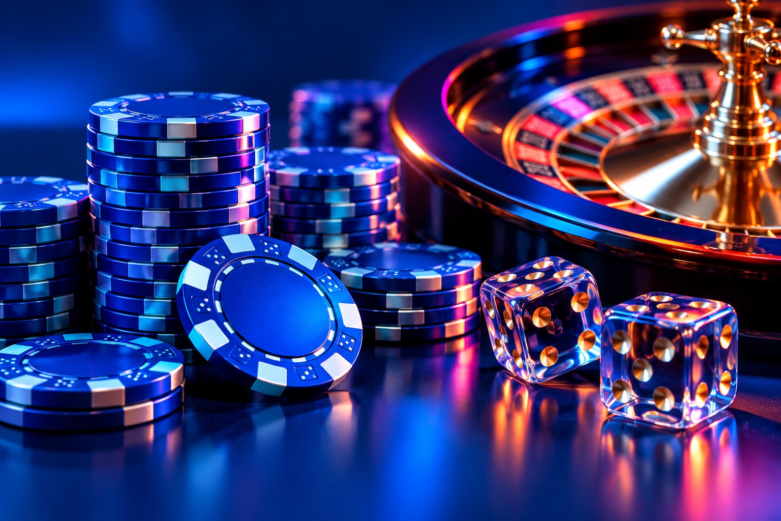 Leuchtend blaue Casino-Chips und Würfel neben einem Roulette-Rad